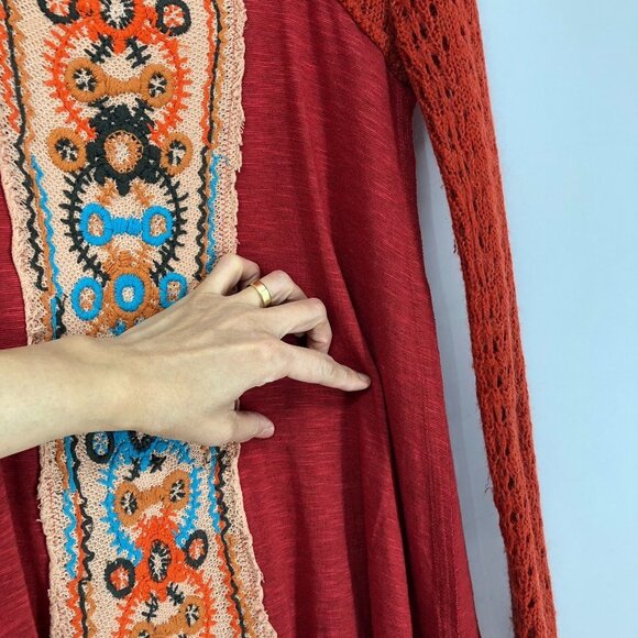 Free  People Rust Orange Embroidered Longsleeve Scoop neck Knit top size XS - Picture 6 of 16
